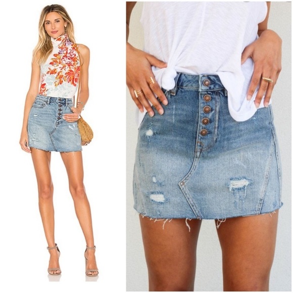 Free People We The Free Harvey Distressed Denim Mini Skirt Exposed Button Fly 26 - Picture 5 of 13